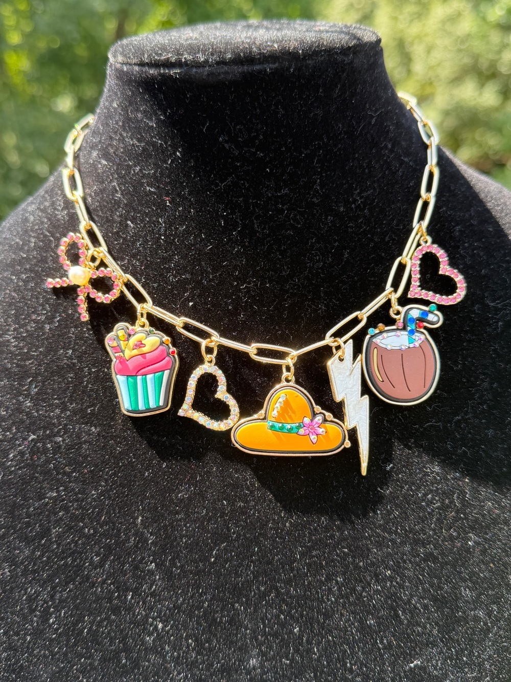 Colorful Gold Charm Necklace Pink Bow Hearts Western Hat Statement Jewelry